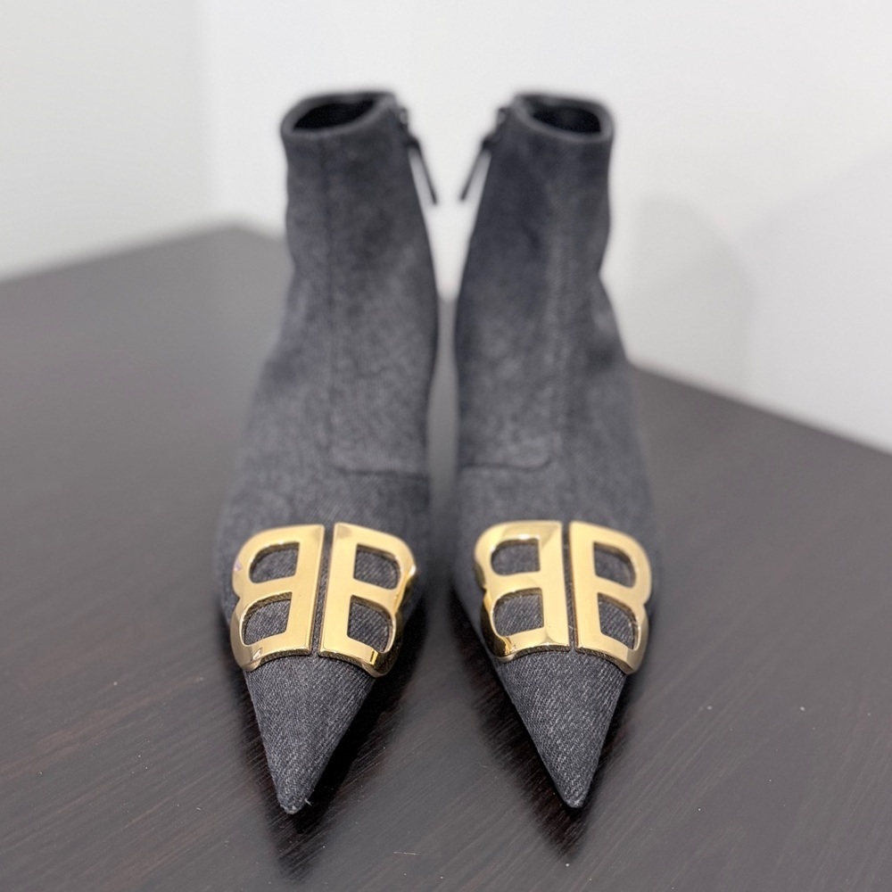 Balenciaga Black Denim BB Knife Kitten Heel Booties - Picture 3 of 12